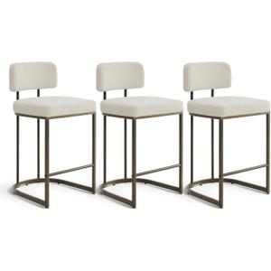 26" H Counter Height Bar Stools Set of 3, Modern Linen Fabric Upholstered Barstools with Backrest for Kitchen Island, Gold Metal Frames, Linen