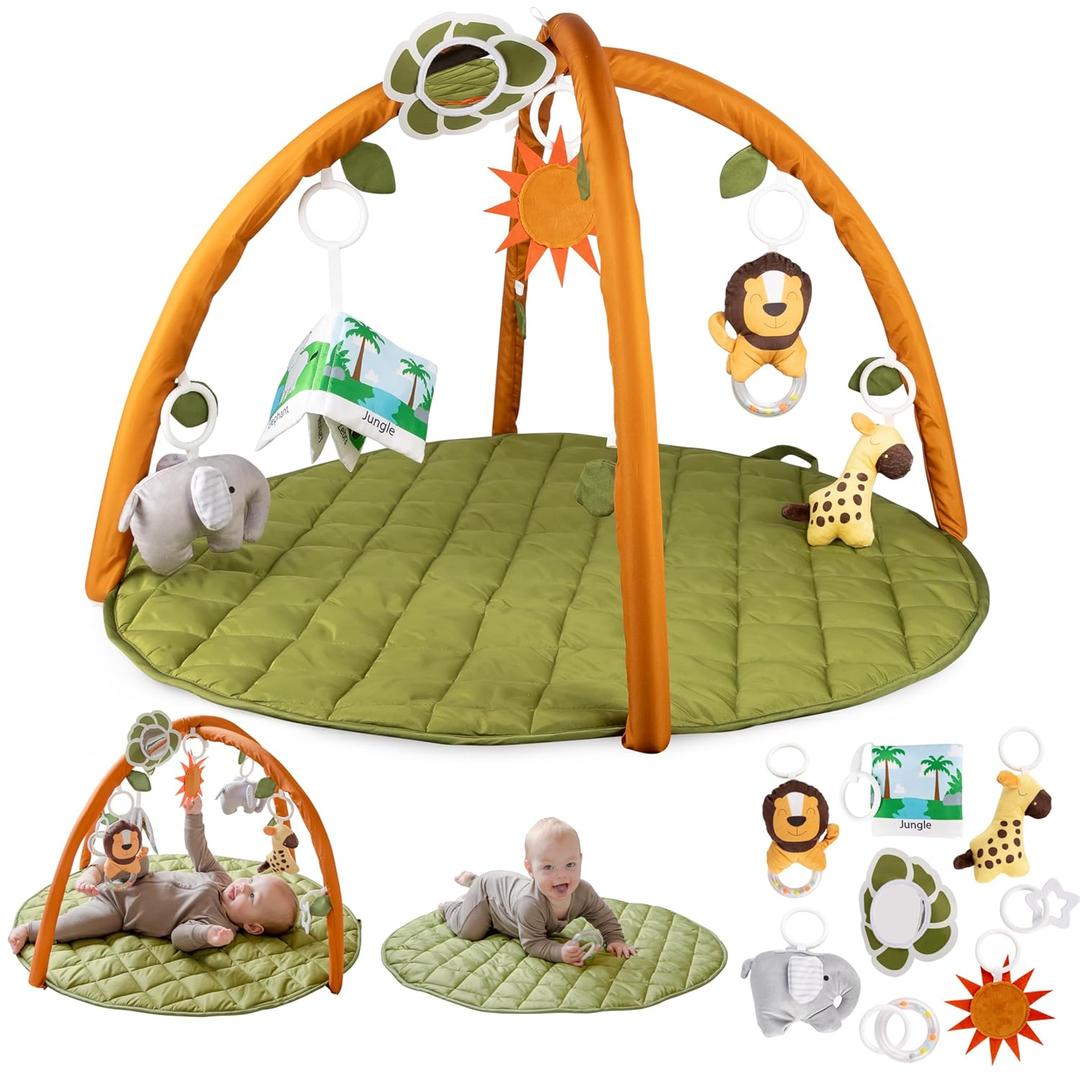 SnapPea Baby Activity Mat. Jungle Baby Play Gym Mat, Tummy Time Mat with 8 Baby Toys and Handle. Non Slip, Soft 37in Baby Play Mat. Portable Baby Gym, Infant Floor Playmat for Playroom, Nursery (Green/Brown)
