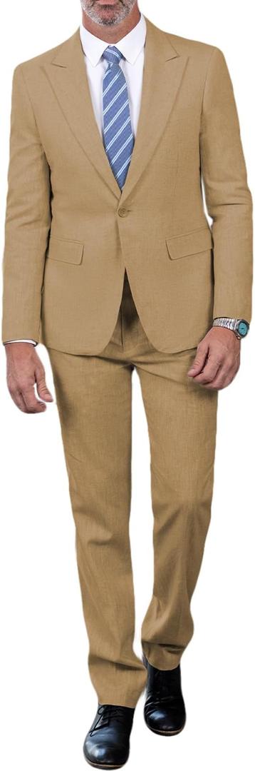 SOLOVEDRESS Men's 2 Piece Suits Set Regular Fit Casual Linen Blazer Jacket and Pants for Wedding and Party