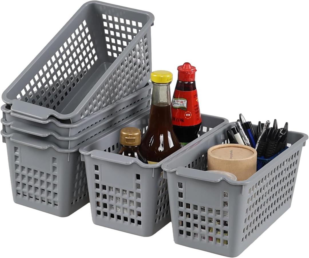 Ggbin Grey Plastic Stacking Storage Basket, Slim Pantry Basket Bins, 6 Packs