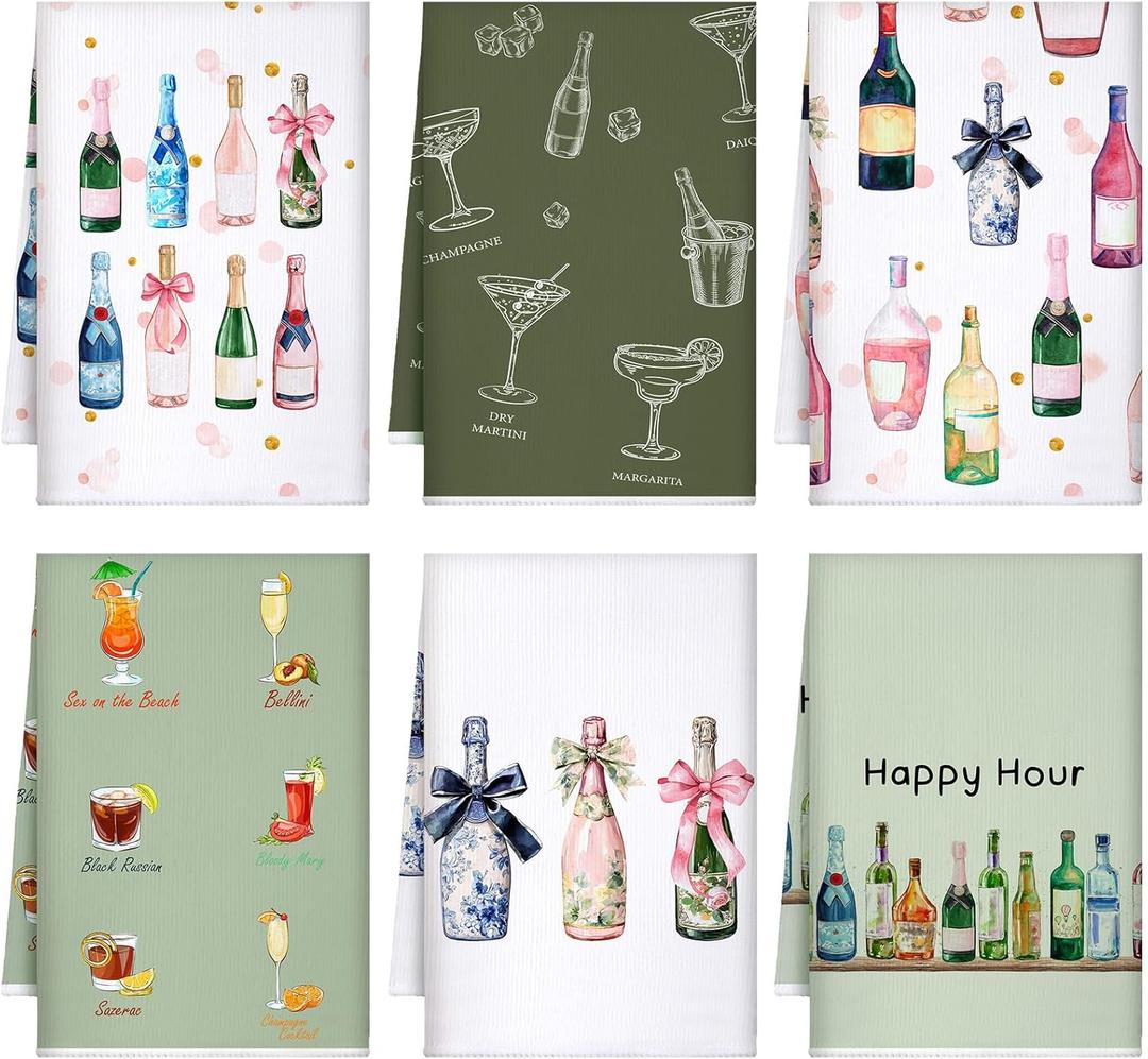 6 Pcs Bar Cart Kitchen Towels Hostess Gifts for Champagne Cheers Decorative Hand Towels for Champagne Lover Gifts Tea Cloths Bar Decor 24 x 16'' (Green)