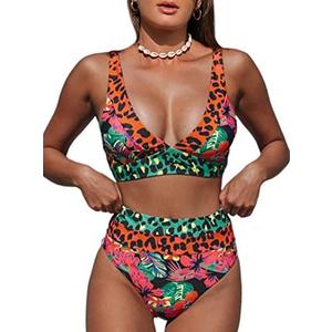 Hilinker Women's Leopard Bikini Swimsuits V Neck High Waisted 2 Piece Bathing Suits, Small