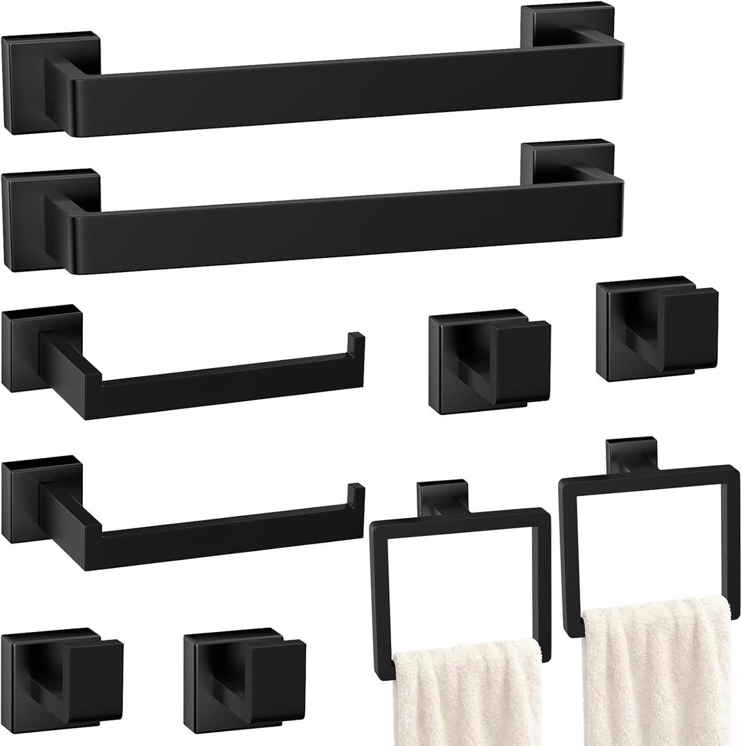 Bathroom Accessories Towel Bar Set: 10 Pieces Matte Black Bathroom Hardware Square SUS304 Stainless Steel - Wall Mounted Towel Rack&Toilet Paper Holder&Towel Ring and Towel Hook