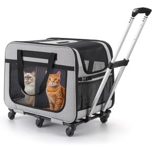 Extra Large Double Pet Carrier with Wheels for Small Dogs and All-Breed Cats, Cat Rolling Carrier for 2 Cats, Support up to 40 Lbs, Grey