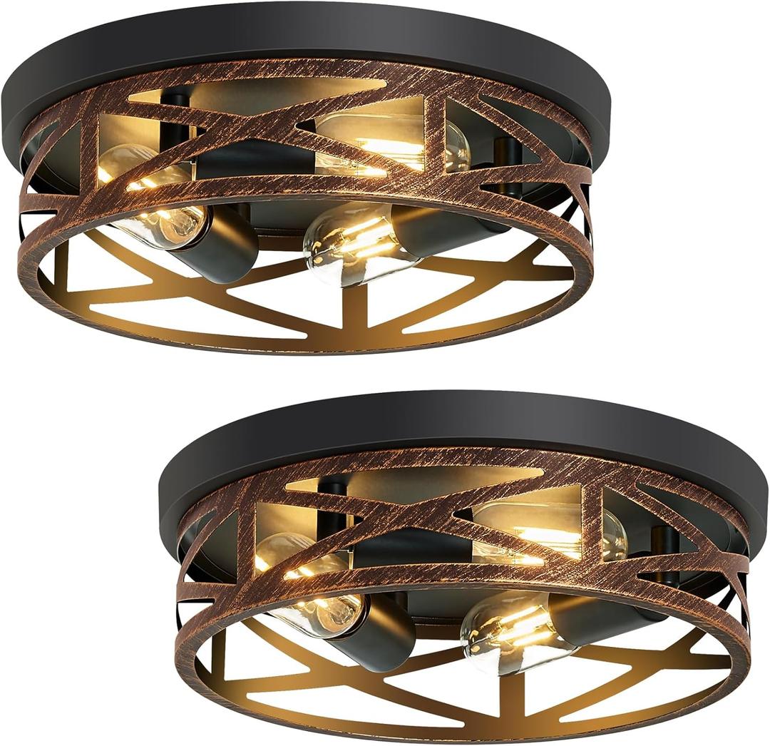 Flush Mount Ceiling Light Fixture, Vintage Metal Black Hallway Light Fixtures Ceiling, Light Fixtures Ceiling Mount for Farmhouse, Kitchen, Hall, Brown(2 Pack (Retro Metal Black, 13 inch)