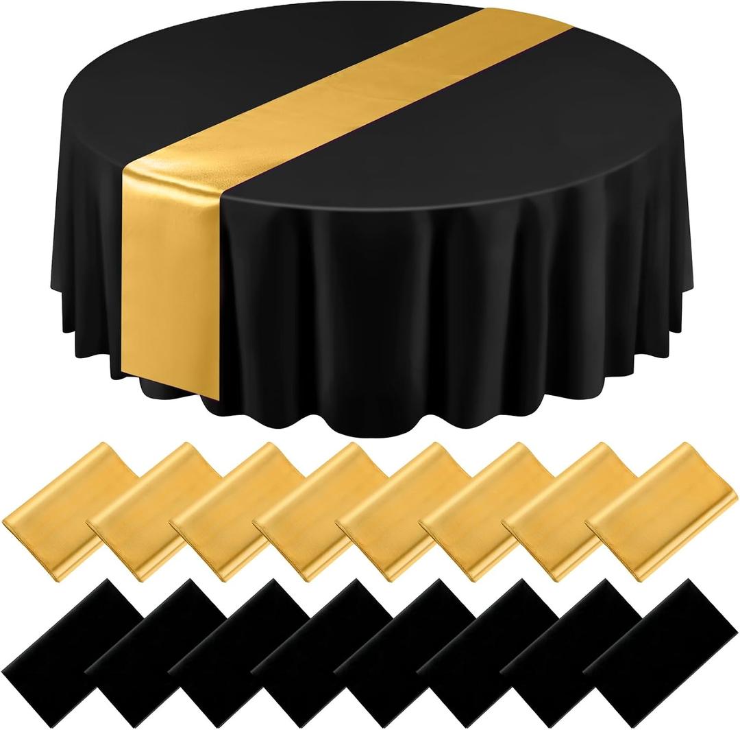 Tudomro 16 Pcs Black and Gold Round Plastic Tablecloth and Satin Table Runner Set 84 Inch Round Covers 12 x 108 Inch Table Runners for Christmas Wedding Birthday Party Baby Shower