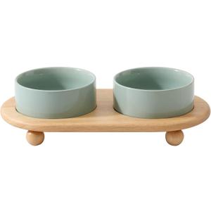 Ceramic Elevated Cat Food and Water Bowl, Kitty Bowl, Raised Cat Dish, Pet Feeder (5.1 in, 2 x Light Green + Stand)