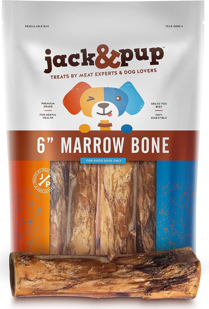 Jack&Pup Marrow Bones for Dogs (6 Pack), Long Lasting Dog Bones for Large Dogs, 6" Marrow Bone, Natural Beef Bone (EXP 07/01/28)