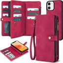 TwoHead for iPhone 12/12 Pro Wallet Case with Card Holder & Detachable Magnetic Phone Case,Leather All-Round Protection Phone Case for Women/Men,6.1IN,Red