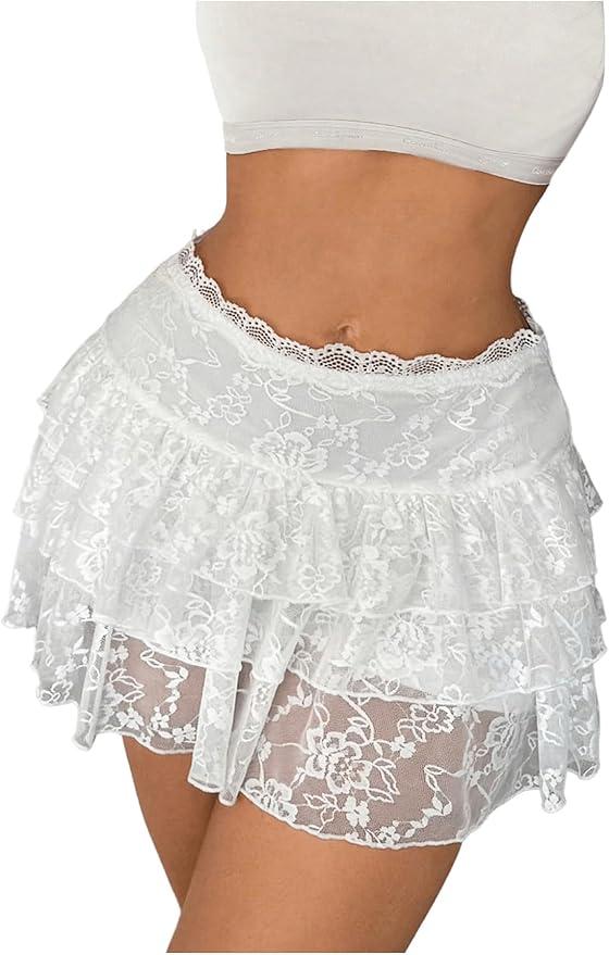 Women's Floral Lace Mini Skirt Y2k Low Waist Ruffle Hem Fairycore Layered Skirt L