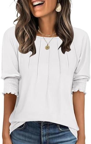 ANRABESS Womens Tops 3/4 Sleeve Crewneck Pleated Dressy Casual Shirts 2025 Summer Business Basic Tee Blouses Work Outfits White XXL