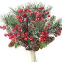 Grunyia 10 Pack Artificial Pine Branches Fake Greenery Pine Picks Artificial Red Berry Stems Christmas Pine Needles for Garland Wreath Christmas and Home Garden Decor
