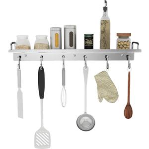 Audmore Kitchen Utensil Rack, 19.7 inch Spice Rack with 6 Hooks Wall Mount, Over the Stove Shelf, Stainless Steel, Hanging Storage Wall Shelf for Spatula Spoon, Seasoning Jar Organizer
