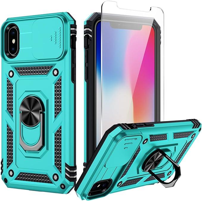 Weycolor for iPhone X Case, iPhone Xs Case with Camera Lens Cover, HD Screen Protector, 10 FT Military Grade Drop Protection, Magnetic Ring Holder Kickstand Phone Case for iPhone X/Xs (Ice Green)