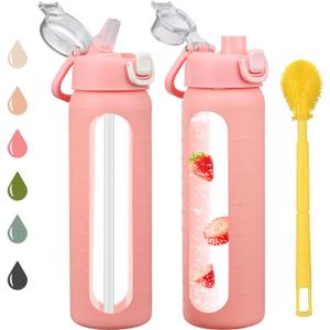 24 oz Glass Water Bottles with 2 Lids-Handle Spout Lid & Straw Lid, Motivational Water Bottle with Time Marker and Silicone Sleeve,Leakproof-Pink-1 Pack