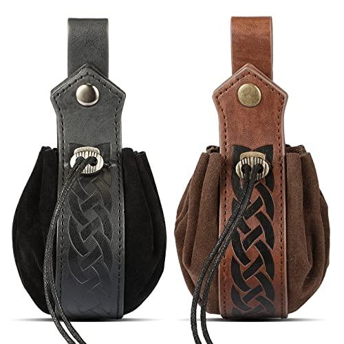 2 Pcs Medieval Faux Leather Pouch Portable Drawstring Purse Medieval Belt Pouch Vintage Renaissance Belt Pouch Dice Bag for Men Women Costume Accessories (Black, Brown)