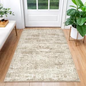 3x5 Washable Area Rug for Entryway, Soft Kitchen Rugs Non Slip for Dining Room, Vintage Abstract Living Room Rug, Thin Area Rugs Indoor for Bedroom, Kids Room Decor(3'x5', Brown/Ivory)