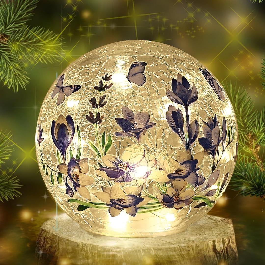 Sphere Glass Crystal Lamp (Timer  Auto 6 Hours On) Featuring Blue Flowers and Green Grass Designs, Decorative Glass Light Craft LED Light for Home Decor