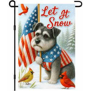 IVN 4th of July Garden Flag 12x18 Inch Double Sided Winter Schnauzer Dog with American Flag Scarf and Let It Snow Text Outdoor Yard Flag for Outside Home Front Door Lawn Porch Patio Welcome Decor