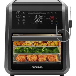 Chefman 
12 Quart 5-in-1 Air Fryer with Integrated Smart Cooking Thermometer, 28 Touchscreen Presets, Rotisserie, Dehydrator, Black