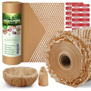 Honeycomb Packing Paper,12 inch x 200 ft Bubble Cushioning Wrap for Packing Moving,Products Gifts Wrapping Paper,Recyclable and Biodegradable Shipping Packing Materials with 20 Fragile Sticker Labels (Brown)