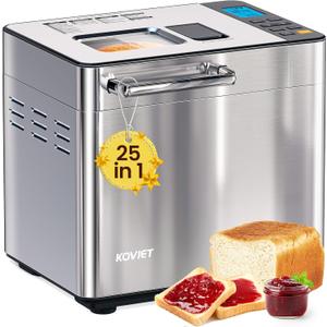 25-in-1 Bread Maker Machine with Automatic Dual Dispenser, 2LB Stainless Steel Bread maker with Gluten-Free, Dough, Jam, Yogurt etc Settings, Silver
