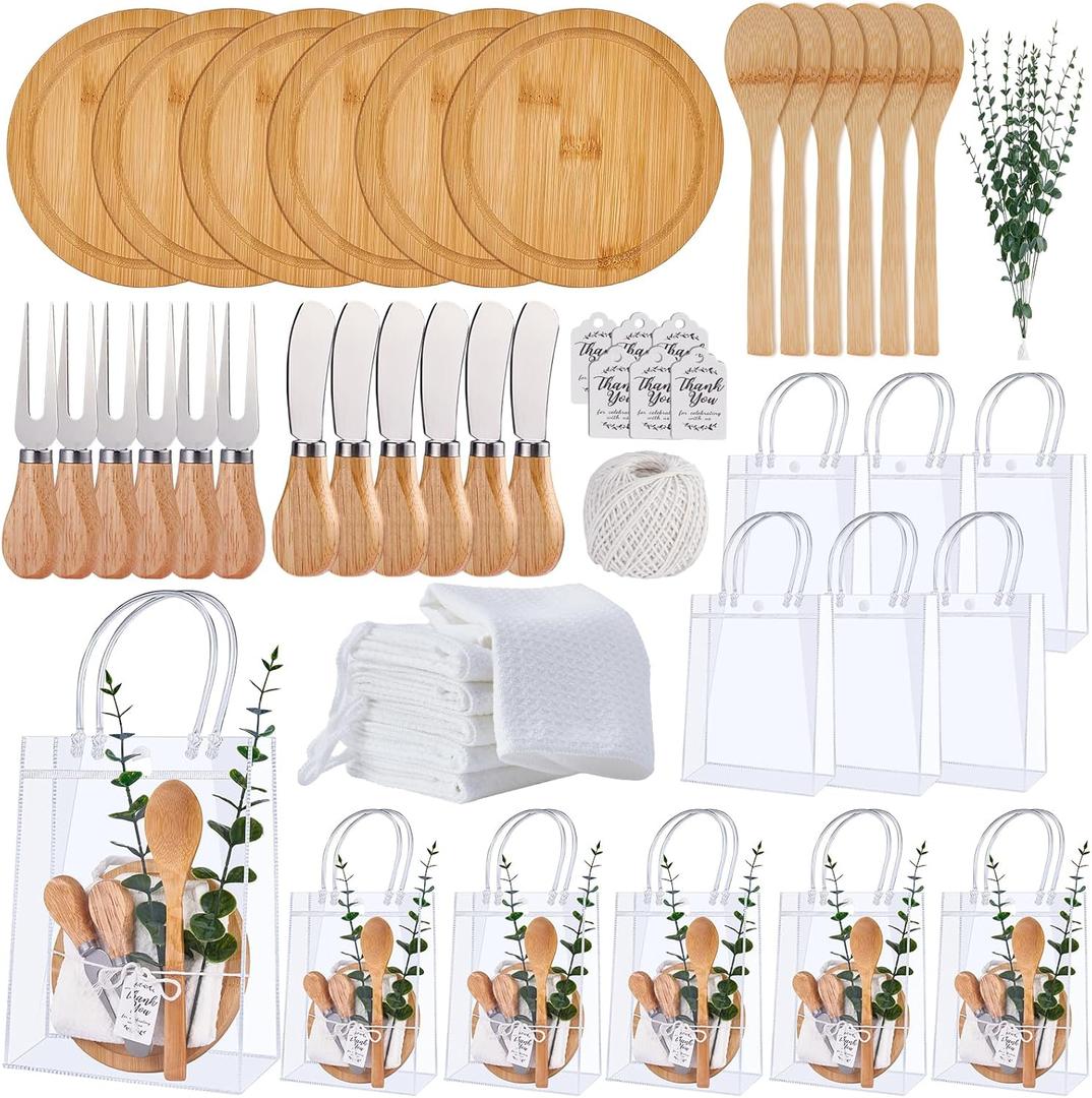 55Pcs Baby Shower Prizes for Game Winners 6 Sets Cheese Board Spoon Fork Butter Spreaders Plaid Towel Thank You Card and Gift Bags for Baby Shower Wedding Bridal Shower Favors (Round Shaped) (Round Shaped Bamboo Material-White)