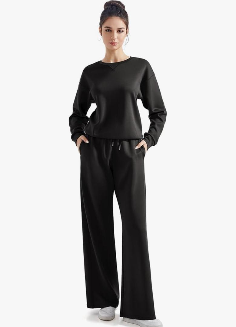 No Brand Women Modal Fall 2 piece outfits Oversized Sweatshirt Wide Leg Pants 2XL, Black