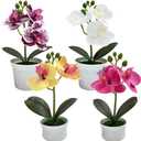 Varku 4 Pcs Artificial Orchids That Look Real with Pot, Small Silk Flowers for Home Decor Indoor, Faux Phalaenopsis Plants, Mini Potted Desk Decor, Vibrant Colors, No Maintenance Needed