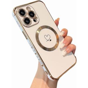 ZTOFERA Magnetic Case for iPhone 15 Pro, Cute Love Hearts Pattern Case with Camera Protection, Soft Shockproof TPU Bumper Cover for Women, White