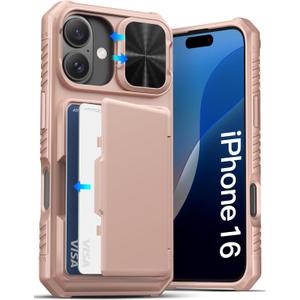 ATATOO for iPhone 16 Case Wallet, Built-in Card Holder (Store 3-5 Cards) & Slide Lens Cover, Military Grade Protection, Shockproof Silicone Protective Case for iPhone 16, Rose Gold