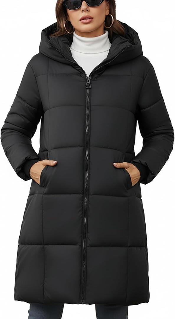 Women's Hooded Long Puffer Coat Winter Warm Full Zip Lightweight Quilted Jacket with Pockets (Medium, Black)