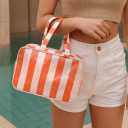 Travel Toiletry Bag for Women, Waterproof Clear Coated Portable Stripe Makeup Cosmetic Bag with Compartment, Travel Organizer for Shampoo, Conditioner, Brushes Set,Cosmetic Accessories(Pink-Orange)