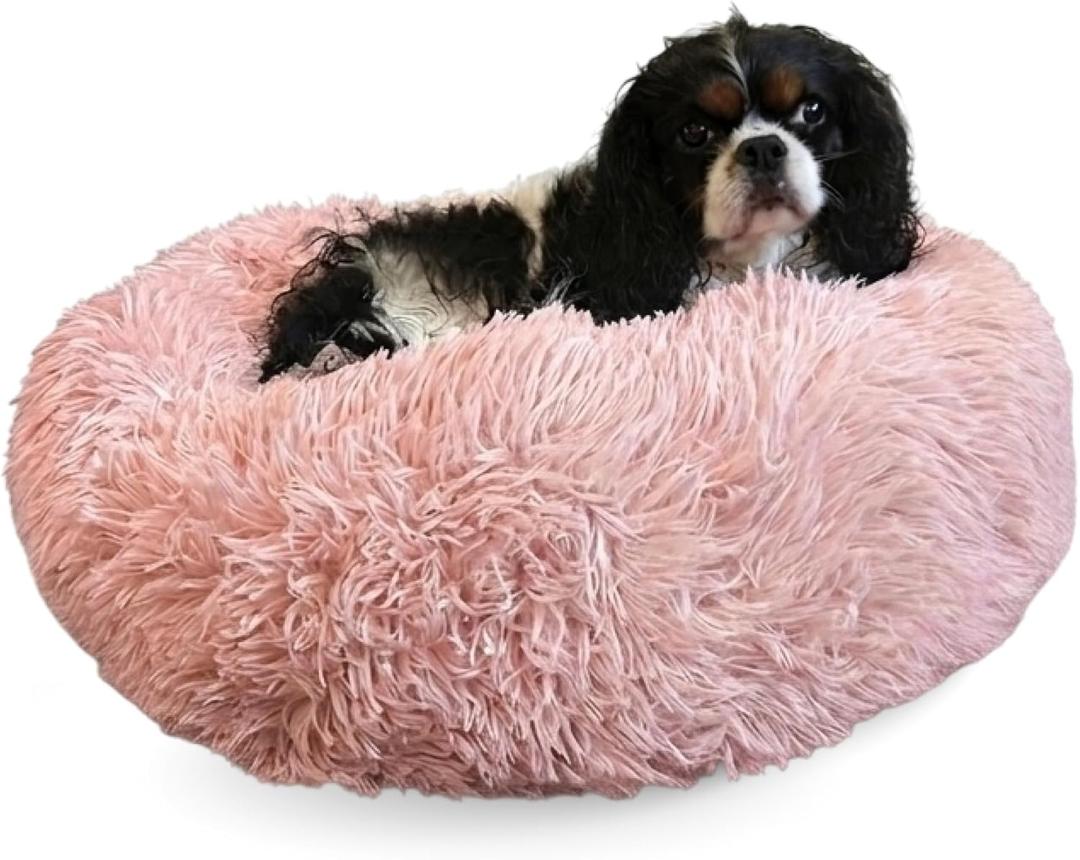 Active Pets Premium Small Donut Dog Bed, Fits Up to 45 lbs, Removable Cover & Washable Cushion, Plush Long Pile Faux Fur Fabric, Portable Pink Pet Bed Furniture for Puppies Adult Canines & Cats