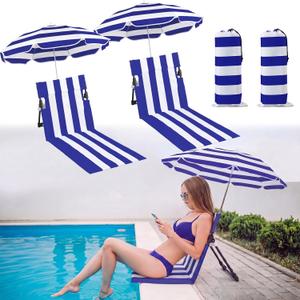 Briwooody 2 Set Foldable Poolside Chairs with Umbrella Portable Beach Folding Poolside Chair for Adults Traveling Camping Picnic Lawn Accessories, Blue Stripe