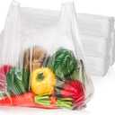 500 Pack Clear T Shirt Shopping Bag, 12'' x 18'' Multi-use Bulk Grocery Plastic Bags with Handles, Large Restaurant Carry out Retail Bags for Small Business, Supermarket, Restaurant