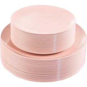 KIRE 60PCS Pink Plastic Plates Disposable - Heavy Duty Pink Plates for Party - Include 30Pieces 10.25inch for Dinner and 30Pieces 7.5inch for Dessert Salad