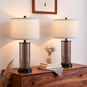 Kyrid 23.5'' Glass Rattan Table Lamps Set of 2 for Living Room, Farmhouse Wicker Bedside Lamps, Glass Nightstand Lamp with USB Charging Ports and AC Outlets for Bedroom Entryway (Bulbs Included)