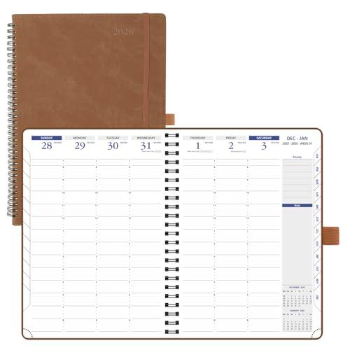 POPRUN 2026 Weekly Planner (A4-8.25'' x 11.75''), Quarter-Hourly Appointment Book (Jan. 2026 to Dec. 2026) with Monthly Tabs, Spiral Softcover, 2 Inner Pockets, Pen Holder - Brown