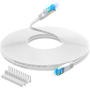 Cat 6 Ethernet Cable 50 ft,Flat Internet Network LAN Patch Cords Solid Cat6 High Speed Computer Wire with Clips - Snagless Rj45 Connectors for Modem,Router,PS4 Faster Than Cat5/Cat5e - 50ft White