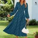 Simplee Womens Boho Floral Long Sleeve Maxi Dress V Neck Empire Waist Fall Wedding Guest Dresses with Pockets (L)
