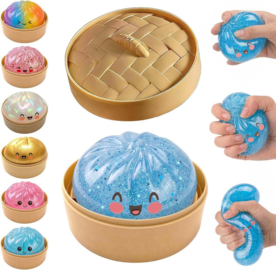 Glitter Dumpling Squishy,Dumpling Squishies,Glitter Dumplings Mystery Box,Colorful Dumplings Stress Balls Fidget,Jumbo Squishy Toy,Suitable for Adult use in Offices and Homes (Glitter Blue)