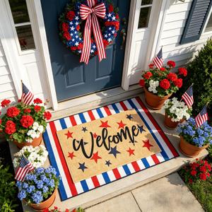 2 Pcs Patriotic Door Mat Set for 4th of July Front Porch Decor, Layered Americana Welcome Mat with Red White Blue Striped Mat, Non-Slip Low Profile Doormat for 250th Anniversary Patio Entryway