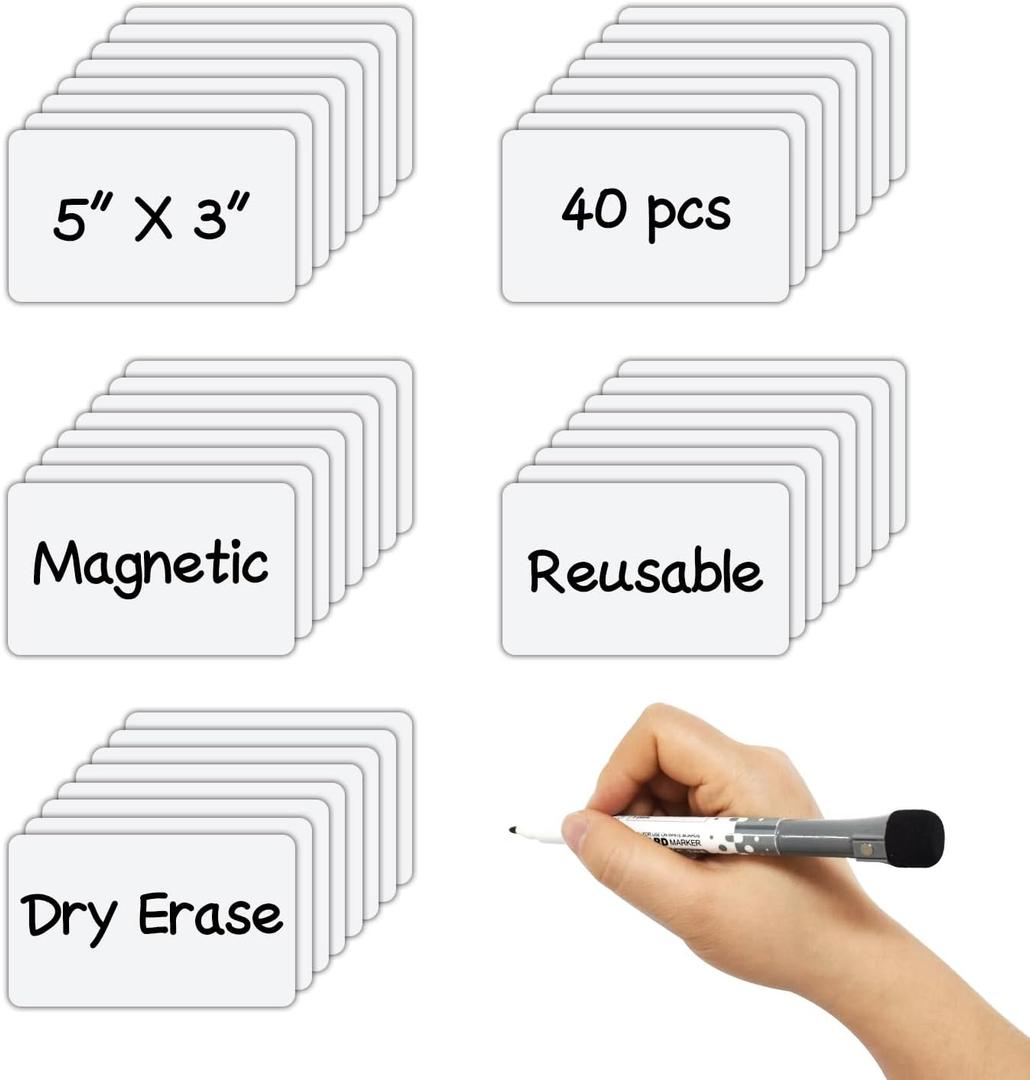 Dry Erase Magnetic Label 5x3 Inch White, Reusable Magnetic Dry Erase Labels for WhiteboardsPack of 40