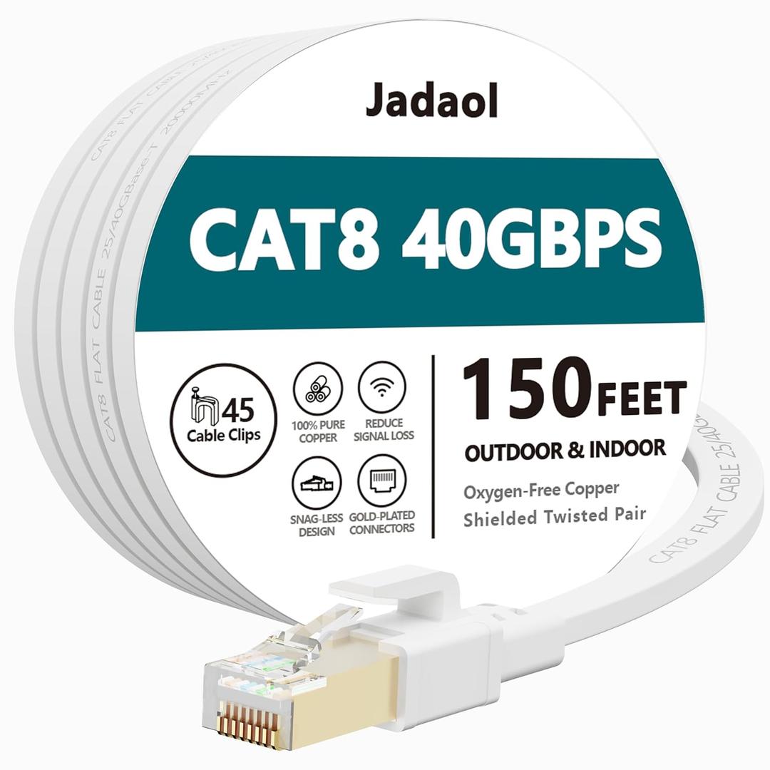 Cat8 Ethernet Cable 150 ft (45.72m), Outdoor&Indoor, Flat 40Gbps 2000MHz S/FTP Cable, Heavy Duty Internet Cord, UV Resistant Weatherproof Shielded RJ45 for Router, Modem, Switch, Gaming, PC, TV, White