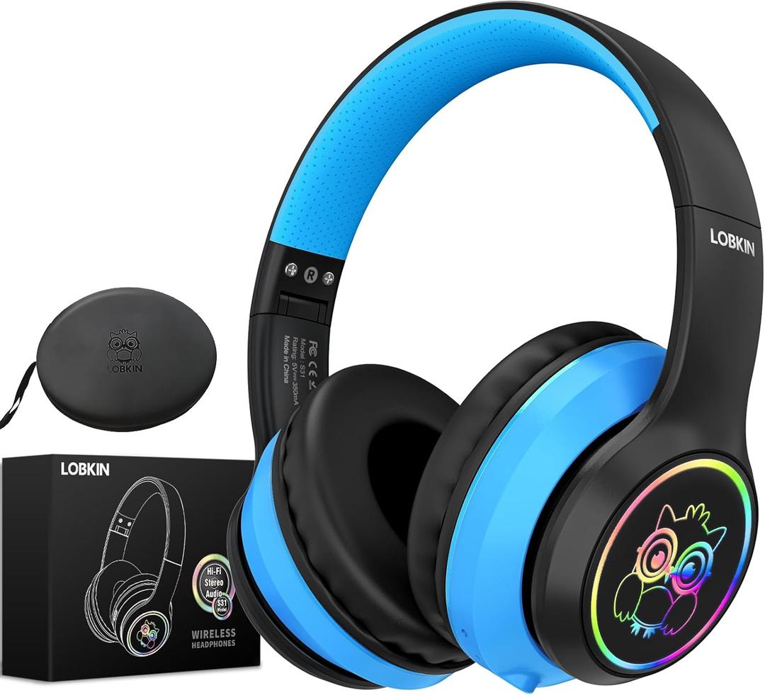 LOBKIN Kids Headphones Bluetooth 5.4,Over Ear Kids Headphones Wireless with Mic 50H Playtime Colorful LED Lights AUX Cord 94dB Safe Volume Limited Foldable Design for Boy Girl Travel/School/iPad