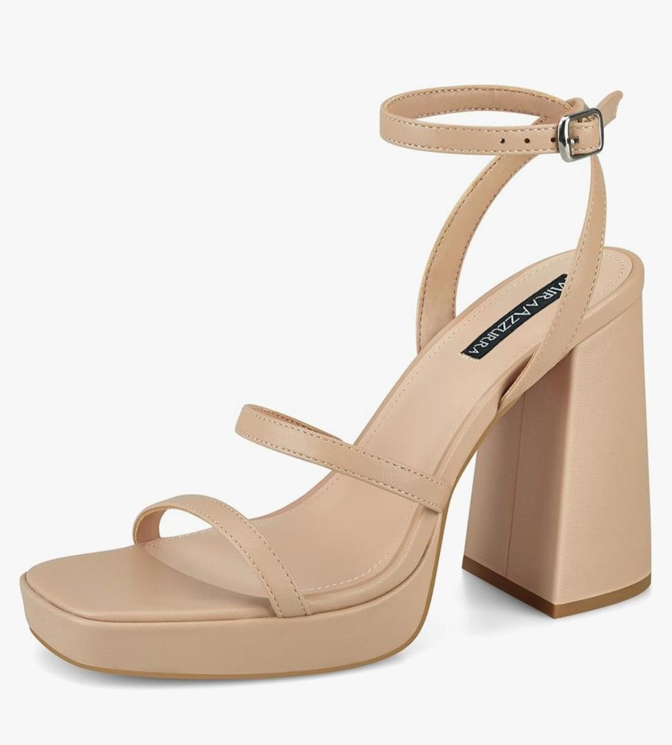 MIRAAZZURRA Platform Strappy Heel Sandals Square Open Toe Two Strap Chunky High Heeled Sandals with Buckle Ankle Strap for Women Party Wedding Dress,7,5, Nude 