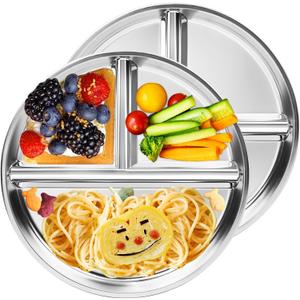 Bakpoco Stainless Steel Kids Plates 2 Packs, 9" Toddlers Divided Plates, Portion Control Plate for Bariatric Adults, Non Toxic Unbreakable Baby Dinner Dishes, 304 Metal Camping Food Tray