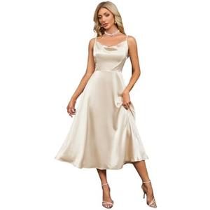 winkbay Women's Elegant Satin Maxi Dress Summer Pearl Cowl Neck A Line Cocktail Wedding Guest Dresses S