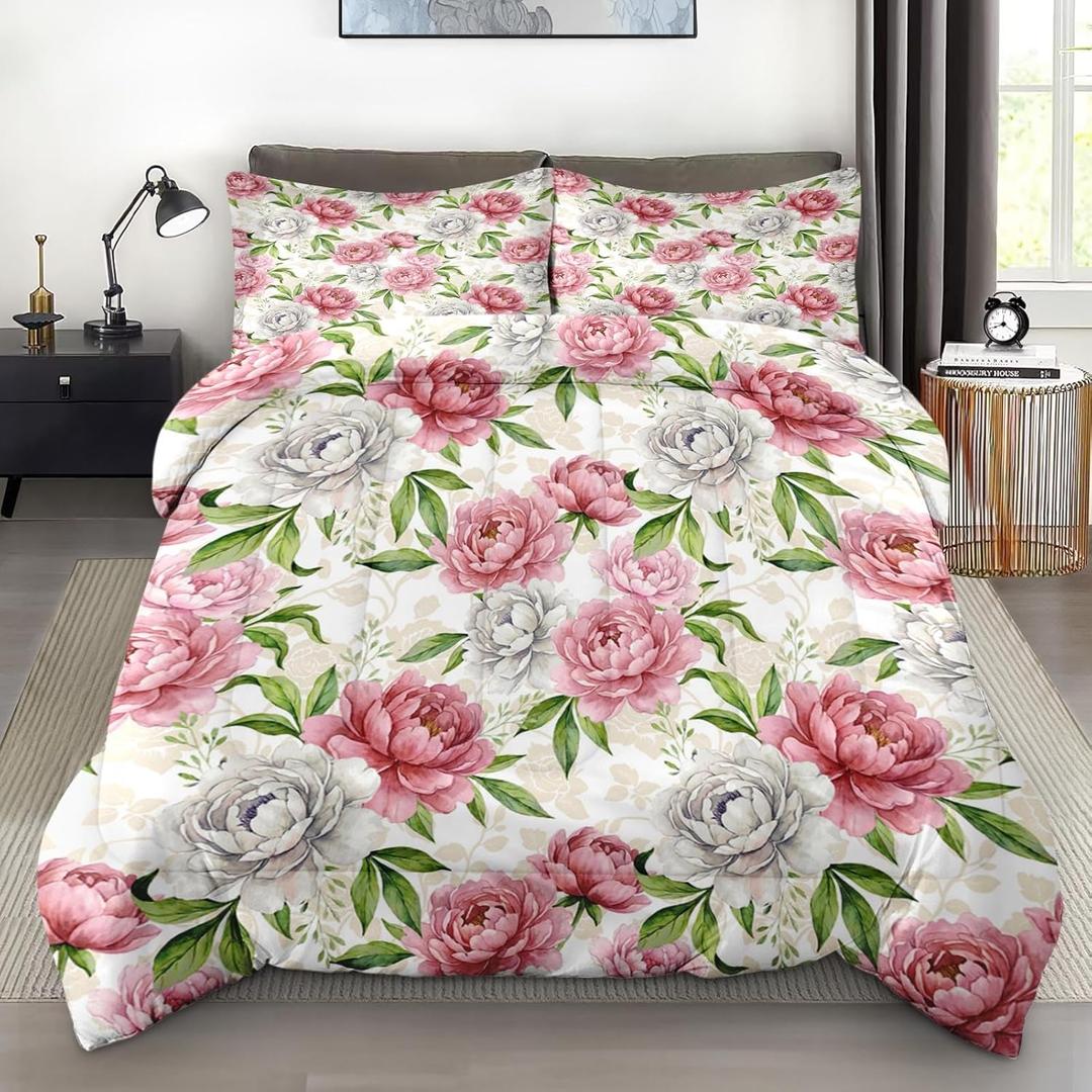 Pamnest Comforter Set Twin Size, Floral Botanical Flower Soft 2 Pcs Bedding for Kids and Adults, Peony Vintage Red Rose Comforter Set with Pillowcase, for Bedroom Bed Decor